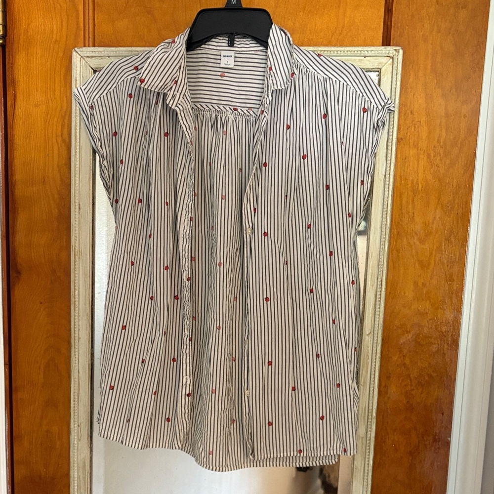 Old Navy Striped Button Down Shirt - Black and White with Red Accents